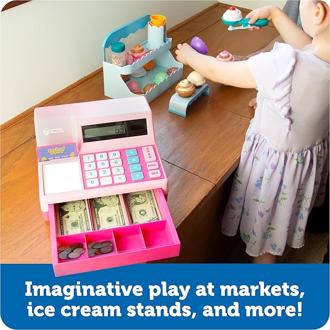 Learning Resources Pretend & Play Calculator Cash Register Pink - 73 Pieces, Ages 3+, Cash Register for Kids, Play Money for Kids, Toddlers Toys, Toy Register, for Kids