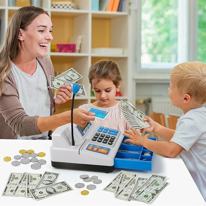 Calculator Cash Register Toy Gift for Kids Age 3, 4, 5, 6, 7, 8+ Year Old, 103 Pcs Grocery Store Playset with Microphone, Credit Card, Cash Register for Toddlers Kids 4-8