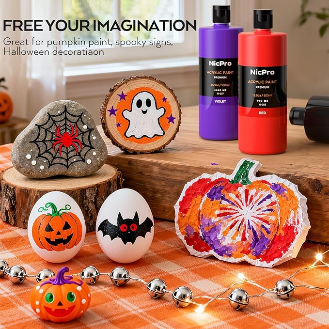 Nicpro 14 Colors Large Bulk Acrylic Paint Set (16.9 oz,500 ml) Rich Art Painting Supplies, Non Toxic for Multi Surface Pumpkin Canvas Wood Ceramic Leather Fabric Craft, for Kids Adult with Color Wheel