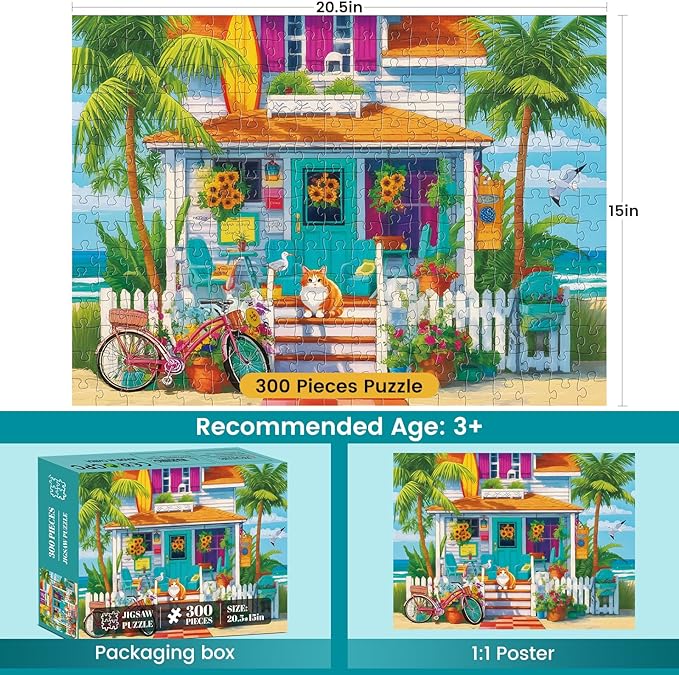 300 Piece Puzzles for Adults,Unique Colorful Beach House Puzzle for Kids Adult Seniors,Cute Kitten Jigsaw Puzzle for Kids Ages 8-10 10-12,Challenging Family Game Gift for Friends Men Women,20.5*15 In