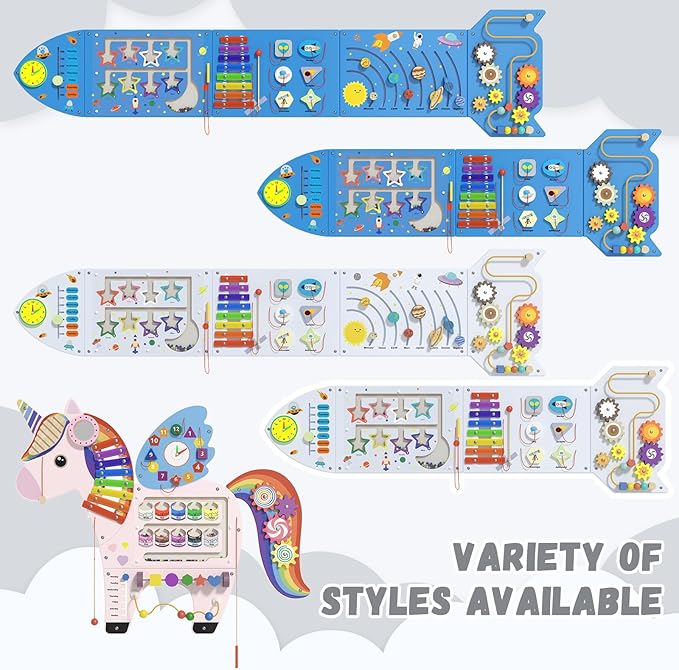 Rocket Activity Wall Busy Board Panels - Sensory Wall Panel for Kids, Montessori Toddler Wall Activity Board, Wall Toys for Toddlers 3, Activity Cube, Wooden Boards, White Grey(4PCS)