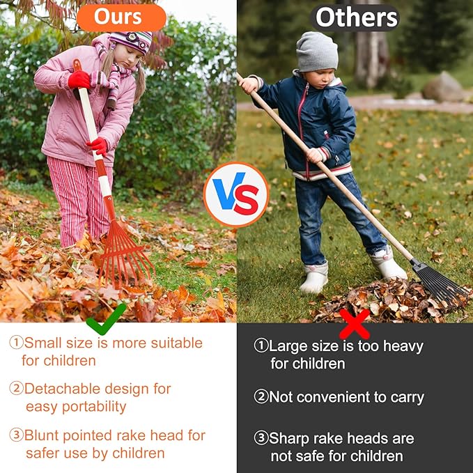 3PCS Kids Rakes for Leaves, 28" Child Size Garden Rake Childrens Yard Lawn Rakes Toddler Leaf Rake with Detachable Hardwood Handle Metal Head Great Garden Tools for Boy Girl, Blue Red Green