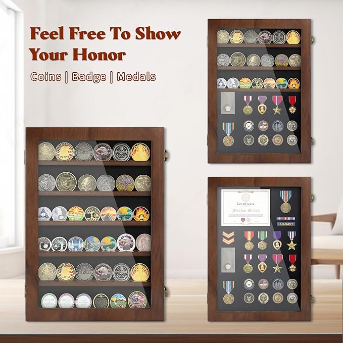 Military Challenge Coin Display Case 6 Rows Wooden Army Coin Holder with HD Tempered Glass Lockable Coin Wall Dsplay Box with Removable Shelves, Walnut