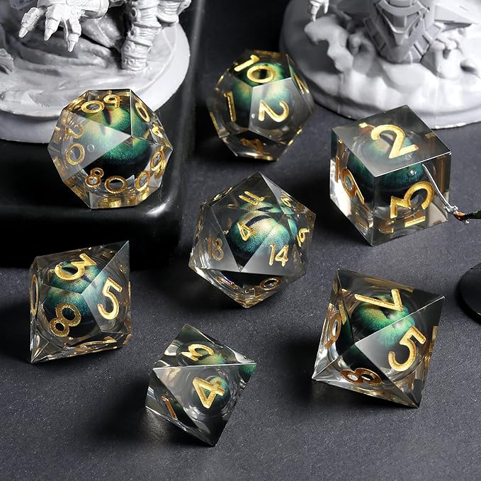 DNDND Eye Resin DND Dice Sharp Edge Resin D&D Die with Gift Case for Dungeons and Dragon Game (Green Dragon Eye)