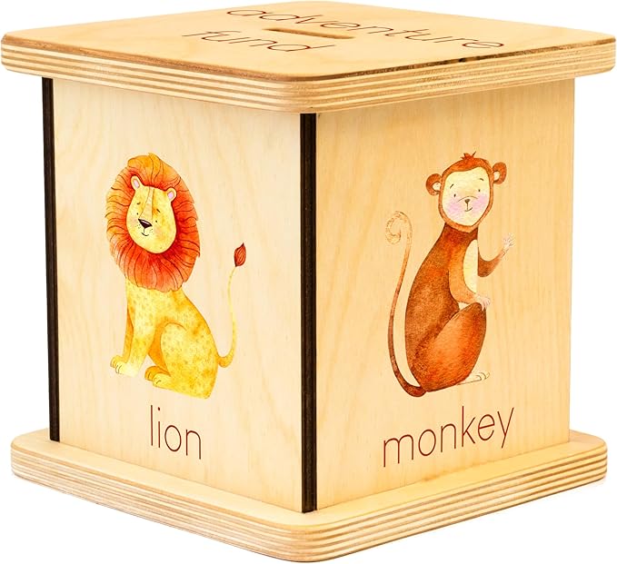 Wooden Piggy Bank for Kids and Adults, Personalized Gift Handmade in USA by BloomOwl, Custom Piggy Bank, Personalized Banks for Kids, Gifts for Baby Boys and Girls (Safari)