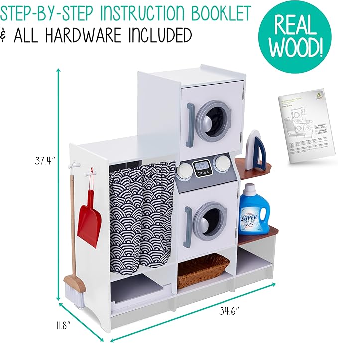 Lil’ Jumbl Kids Washer and Dryer Playset, Wooden Children's Pretend Laundry Set, Includes Broom, Dustpan, Iron, Hangers & Basket, Realistic Laundry Room for Kids - White