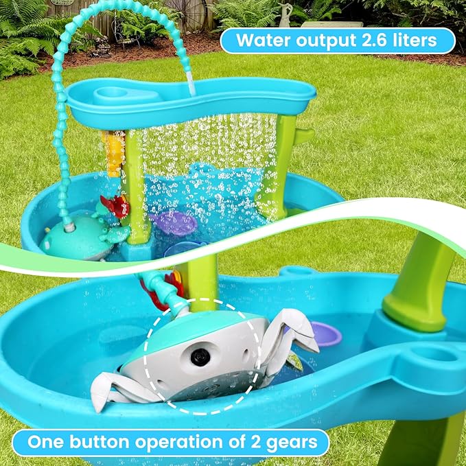 Water Table Pump for Kids - 5400mAh Crab & Duck Design Outdoor/Indoor Water Play Toy with IP67 Waterproof, 3 Flow Settings, 6Hrs Playtime, Compatible with Sensory Tables, Bath Tubs, Pools