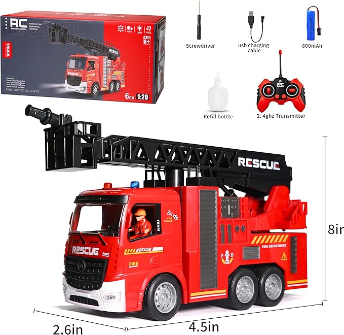 Remote Control Fire Truck Toy - Fireman Fire Truck with Jet Pump and Lights, Red Toy for 3 Year Old Boys, Girls and Toddlers