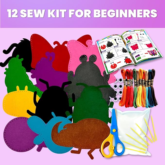 QUOKKA Kids Crafts Ages 4-8, DIY Beginner Needle and Thread Kit - 12 Bugs & Insects Sewing Kit Basic - Fun Art Crafts for Kids Ages 6-8 Girls Boys - Plastic Needles, Scissors - 6+ Year Old Girl Gifts