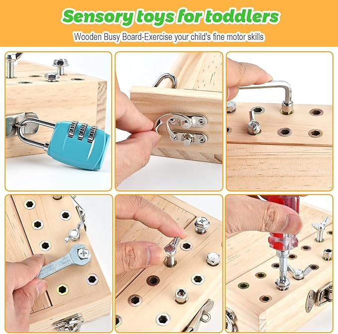 Wooderma Montessori Screwdriver Board Set, with Lock and Key, Wooden Montessori Toys for 3 4 5, Toddler Screwdriver Toy, Kids Tool Set, Preschool Learning Sensory Toy, Fine Motor Skills Toys