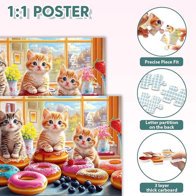 100 Piece Puzzles - Adorable Cats Donuts Puzzle for Kids Ages 4-6 6-8 8-10, Large Piece Puzzle for Seniors Dementia Alzheimer's Activity for Adults Kids Puzzles Ages 5-8 Great Gift for Boys Girls