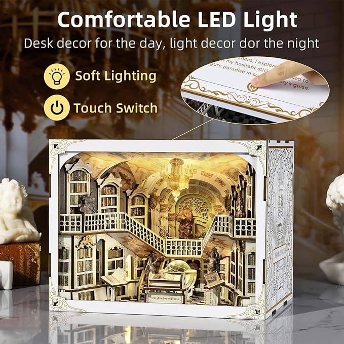 Book Nook Kit, DIY DIY Miniature Dollhouse for Adults, Beyond Library 3D Wooden Puzzle Bookend Bookshelf Insert Decor with LED Light Gifts for Book Lovers (Library of Gods Max)