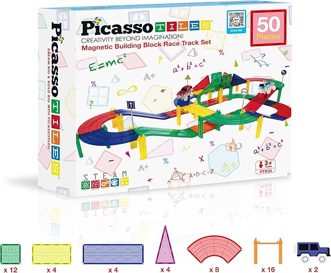 PicassoTiles 50pc Racecar Track Magnetic Tiles Educational Kids Toy with 2 Light Up Trucks STEM Preschool Learning Magnet Tile Toddler Toys Boys Girls Ages 3+ Blocks Game Puzzles Build Playset PTR50
