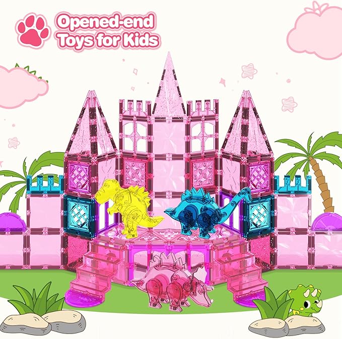 60PCS Dinosaur Toys Magnetic Tiles for Girls, Magnet Building Blocks Sensory Toy for Girls Boys Ages 3-5 4-8, STEM Learning Construction Toddler Girl Toys Birthday Gift for 3+ Years Old Kids Toy