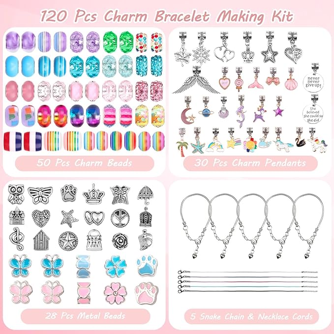UFU Charm Bracelet Making Kit -120Pcs DIY Jewelry Making Kit, Mermaid Gifts for Girls Toys Crafts for Teen Girls Ages 5 6 7 8-12, with Portable Bracelet Organizer Box