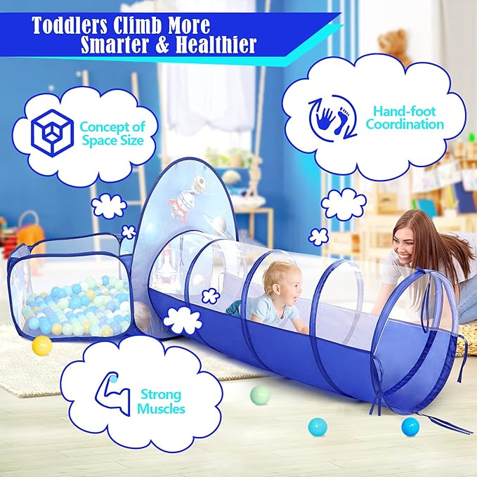 PigPigPen 3pc Kids Play Tent for Boys with Ball Pit, Crawl Tunnel, Rocket Ship Tents for Toddlers, Baby Space World Playhouse Toys, Boys Indoor& Outdoor Play House, Perfect Kid’s Gifts