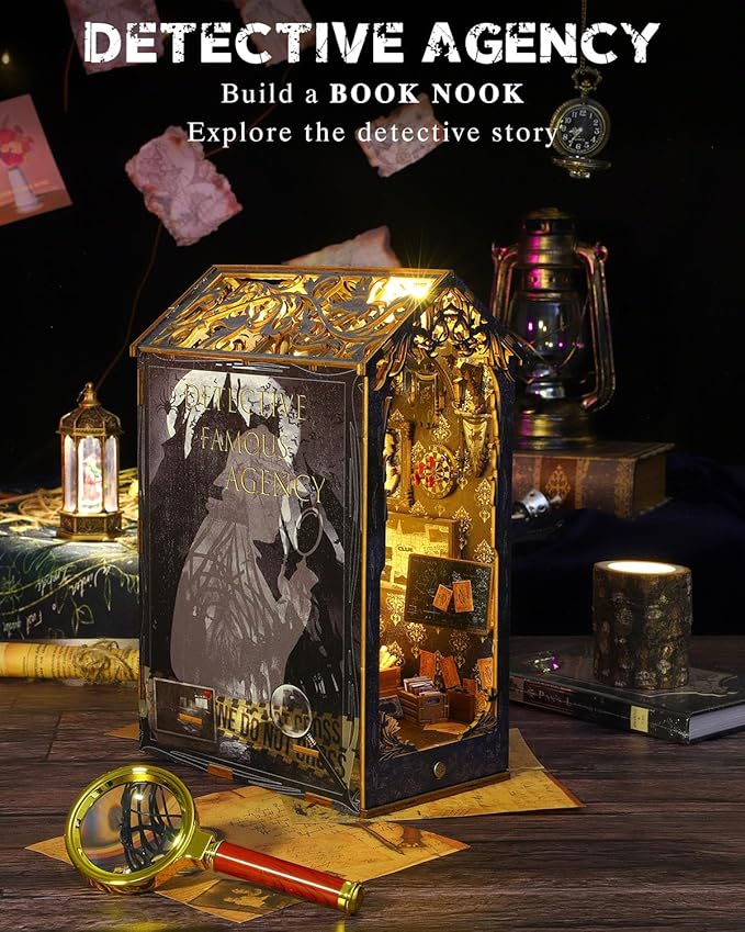 Book Nook Kit Detective Agency, DIY Booknooks Kit for Adults Teens with Sensor Lights, Bookshelf Diorama Miniature Scenes Insert Decor, 3D Wooden Puzzle Miniature House Kit Gifts