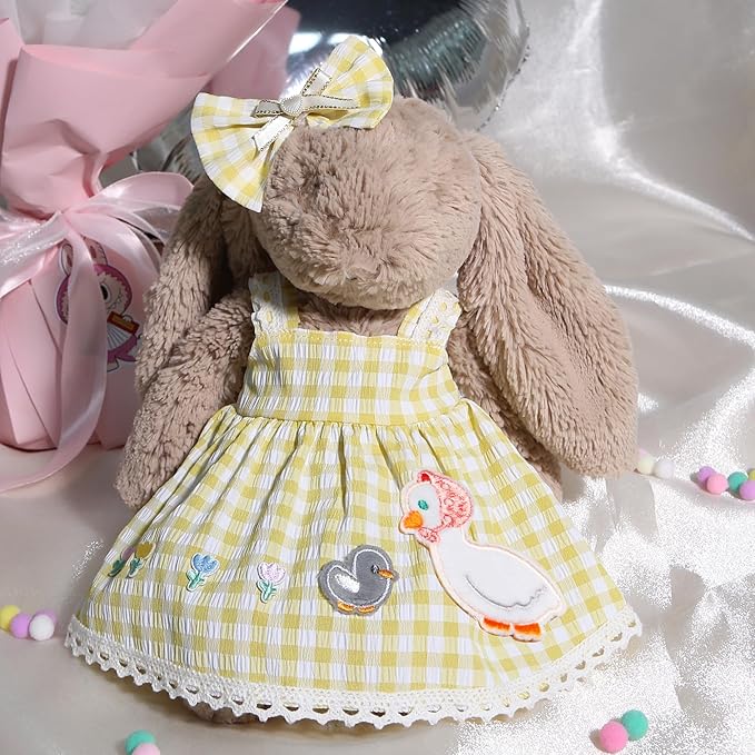 31cm(12") Bashful Bunny Clothes, Cute Plush Animal Clothes for Meddium Teddy Bear - Yellow and White Check Duck Dress & Bow Clip Set (Clothes Only)
