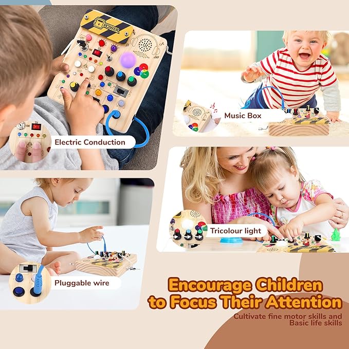Busy Board,Montessori Toys for 1-3 Year Old Boys & Girls,Travel Educational Learning Activities for Toddlers,Sensory Toy for Kids with Autism (Busy Board v5)