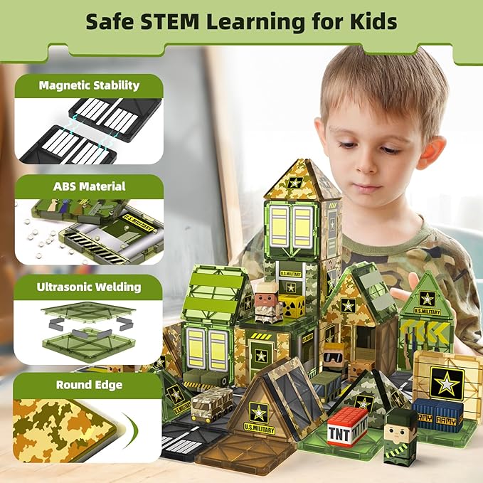 GobiDex 100PCS Magnetic Building Blocks Army Toys, STEM Military Magnetic Tiles with Army Men, Magnet Construction Toys for Toddler Kids Ages 3-5 5-7 4-8, Birthday Gifts for 3+ Year Old Boys Girls
