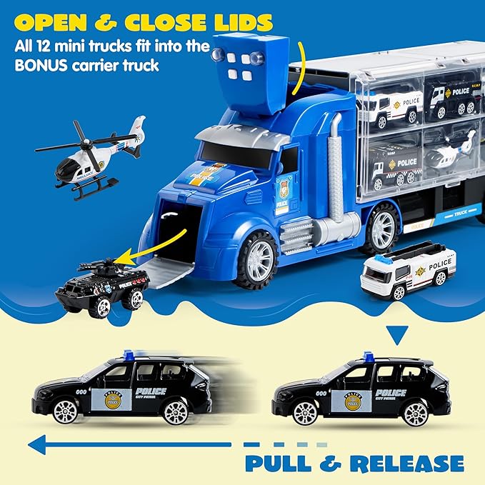 JOYIN 25 in 1 Police Rescue Truck Car Toy Set with Sounds and Lights, Mini Vehicles in Carrier Truck, Play Police Patrol Rescue Vehicle Toy, Christmas Birthday Gifts for Over 3 Years Old Boys