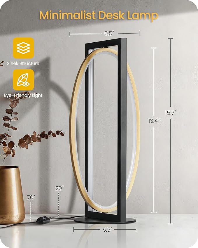 Modern LED Table Lamp, Dimmable Minimalist Bedside Lamp, 3 Color Temperatures, Angle Adjustable, Cute Desk Lamp, Nightstand Lamp for Living Room, Bedroom, Office, Black and Gold D62TL05