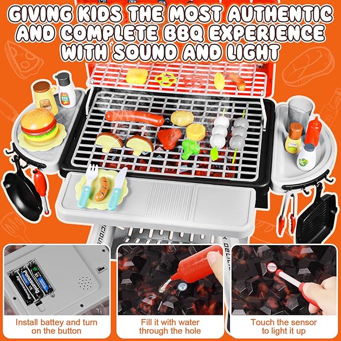 2025 Kids Kitchen Playset Toy Grill BBQ with Smoke Light Pretend Play Food Toys Cooking Set 2-Layer Barbecue Gifts for Toddler Boys Girls 3-5 6 7