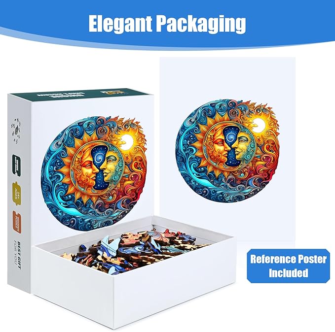 Wooden Jigsaw Puzzle 500 Pieces for Adults - Circular Celestial Sun & Moon Art Puzzle with Intricate Swirl Patterns, Challenging Family Leisure Game, Unique Home Decor & Gift Idea