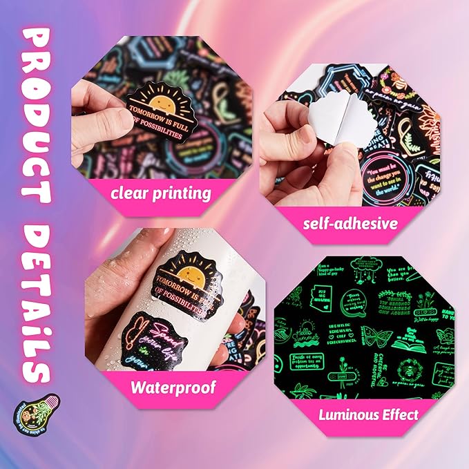 50 Pcs Inspirational Quotes Stickers for Kids Glow in The Dark, Neon Sticker for Water Bottle, Vinyl Waterproof Laptop Decals for Teens Girls Boys, Students Adults Sticker Pack