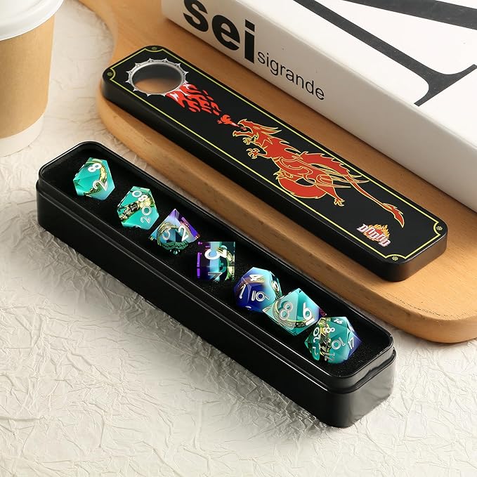 DNDND Mixed Purple & Aqua Blue Dice Set with Golden Rings Inside - 7-Piece Sharp Edge RPG DND Dice in Metal Case, Collector's Gift