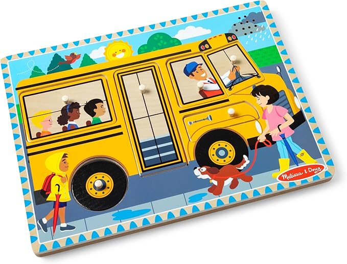 Melissa & Doug The Wheels on The Bus Song Puzzle – 8-Piece Wooden Peg Puzzle with Light-Activated Sounds, Music Learning Toy for Toddlers and Preschoolers Ages 2+