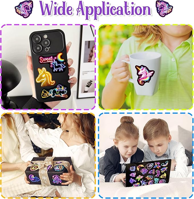 51 Pcs Neon Unicorns Stickers for Kids Glow in The Dark, Rainbows Sticker for Water Bottle, Vinyl Waterproof Laptop Decals for Teens Girls Boys, Students Adults Sticker Pack
