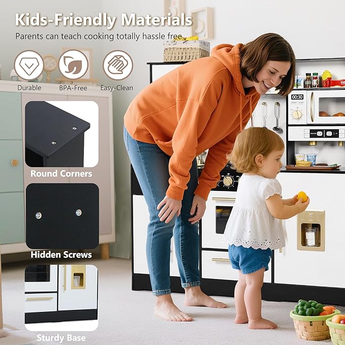 Kinder King Wooden Kids Play Kitchen, Toy Kitchen Playset for Toddler, Play Kitchen Set w/Real Sounds, Pretend Coffee Machine, Kitchen Hood, Sink, Ice Maker, Gift for Boys Girls Age 3+, Black