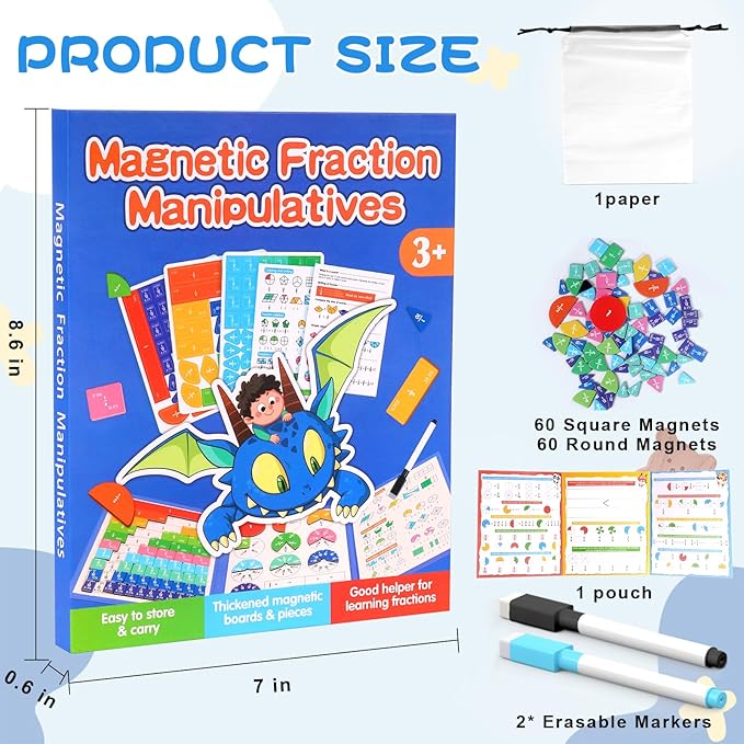 Magnetic Fraction Educational Puzzle, 120 Pcs Magnetic Fraction Puzzle for Kids, Magnetic Fraction Tiles & Fraction Circles, Fractions Manipulatives Learning Games for Elementary School