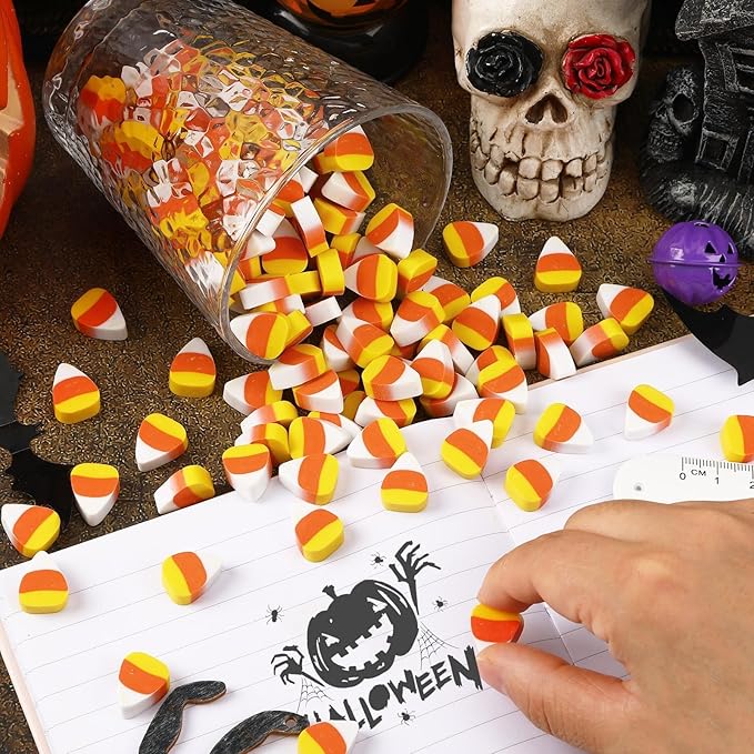 JUNEBRUSHS 150 Pcs Halloween Mini Erasers, Cute Small Fake Candy Corn Erasers Bulk Halloween Party Favors