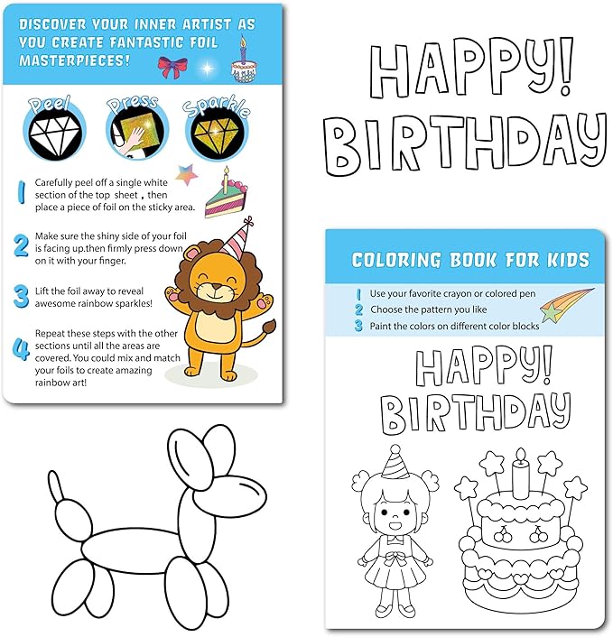 Fun & Mess-Free Foil Art Kit for Kids – 80 Foil Sheets & 32 Art Cards, No Glue Needed, Creative Craft Gift for Christmas Halloween Holiday Birthday（Birthday Version）