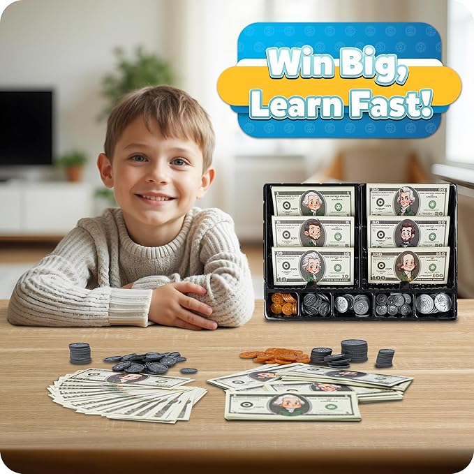 Play Money for Teaching, Pretend Money for Kids Cash Register, Fake Money Toy, Homeschool Supplies Essentials Organization, Math Manipulatives