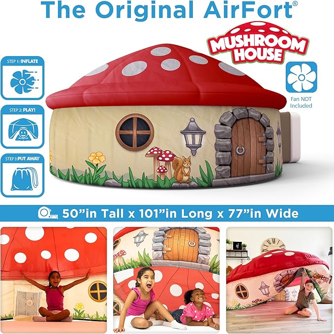 The Original Patented AirFort - Build A Fort in 30 Seconds, Inflatable Fort for Kids, Play Tent for 3-14 Years, A Playhouse Where Imagination Runs Wild, Fan not Included (Mushroom House)