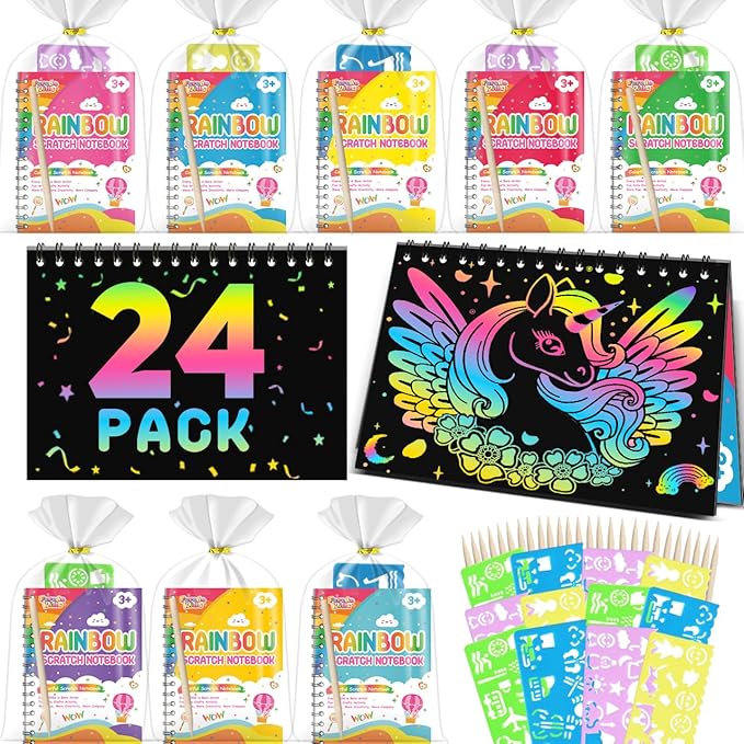 Kids Scratch Art Party Favors Gifts: 24 Pack Rainbow Scratch Notebook Paper Birthday Party Favor Toy Girls Boys Art Craft Kit Summer Classroom Goodie Bags Return Gifts for Birthday Party Favors Bulk
