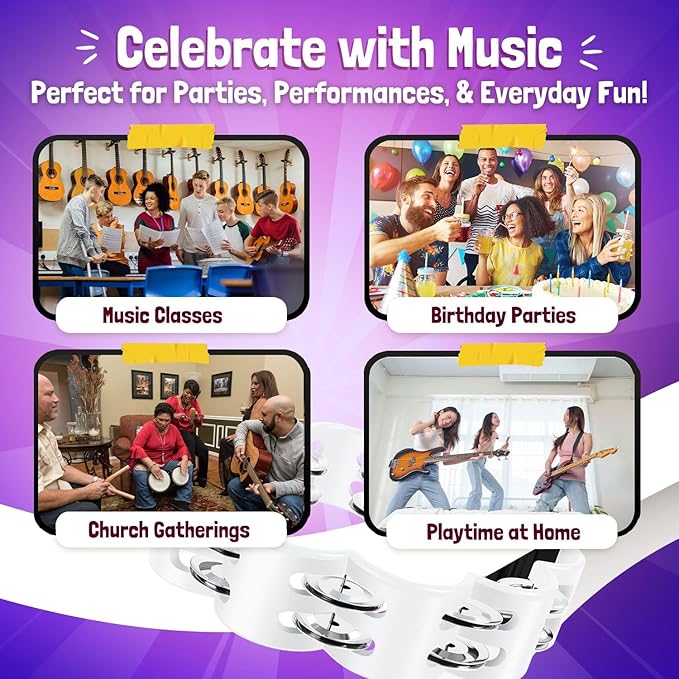 Flexzion Flower Tambourine - 8 Inch Handheld Percussion Instrument w/Metal Jingles & Ergonomic Grip - Small Tambourines for Adults, Kids, Church, Parties, & Musical Events (7 Color Pack)