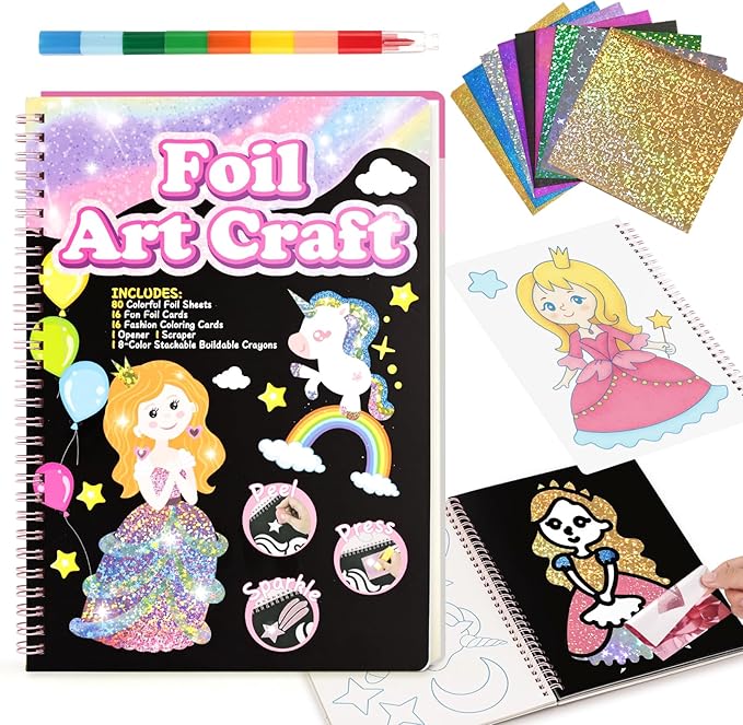 3 otters Foil Art Fun, Princess Arts and Crafts for Kids DIY Creative Travel Toy Birthday Gifts for Girls 4 5 6 7 8