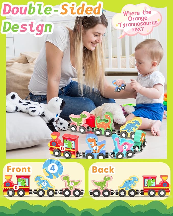 11 Pcs Magnetic Dinosaur Train Set Montessori Toys for 1 2 3 Years Old Toddlers Boys Girls, Wooden Dinosaur Preschool Learning Activities Educational Sensory Toys Birthday Gifts Ages 1-3, 2-4