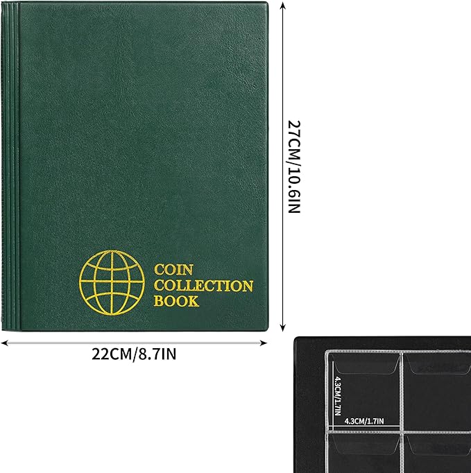 200 Pockets Coin Albums - 45x45 mm/1.8x1.8 inch Pocket Green Coin Book 10 Pages Coin Collection Holder Letter Size Coin Storage Book CS0220GR