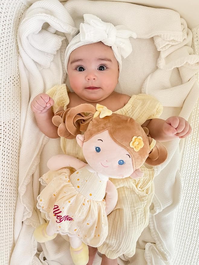 LeyaDoll Personalized Soft Baby Doll Toys (16''), My First Baby Rag Doll for 1 Year-Old Girl Birthday Gift, Christmas Plush Toys Gift for Toddler Kids Infants-Daydream Daisy Girl-Yellow
