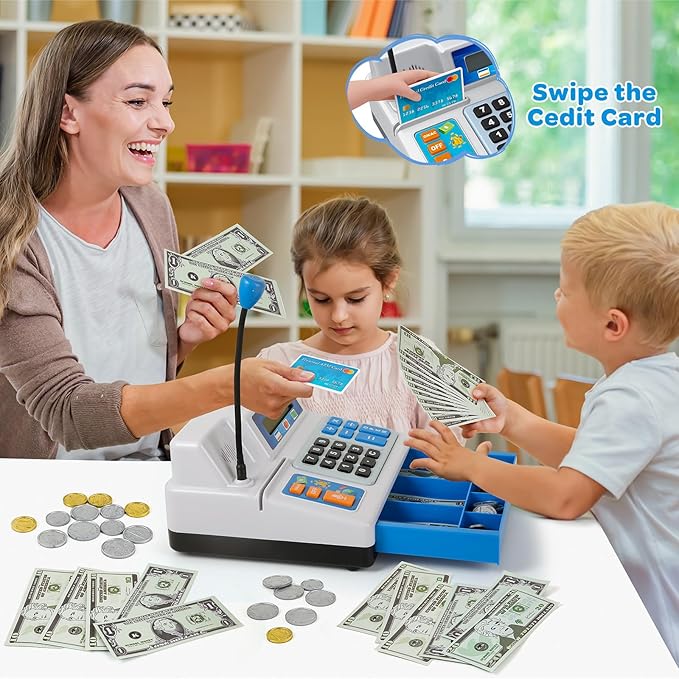 Calculator Cash Register Toy Gift for Kids Age 3, 4, 5, 6, 7, 8+ Year Old, 120 Pcs Grocery Store Playset with Toy Cash, Grocery BoxesCredit Card, Microphone, Grey Play Cash Register for Toddlers 4-8