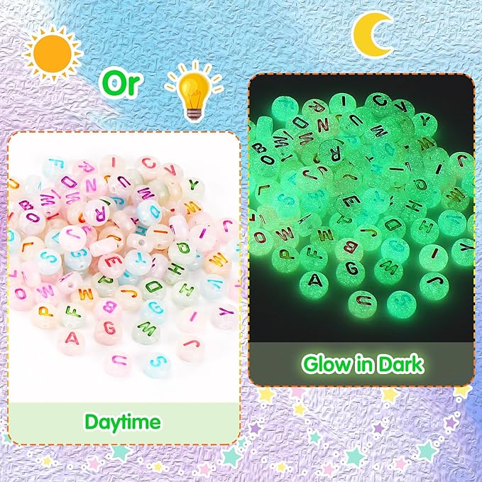 1900pcs Letter Beads, DECYOOL Glow in The Dark Letter Beads, Acrylic Alphabet Beads, with 1 Roll Elastic String for Bracelet Necklace Jewelry Making Supplie