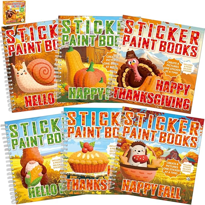 6PCS Thanksgiving Paint by Sticker Books Crafts for Kids Ages 4-8 Fall Activity Books with Turkey Pumpkin 48 Pictures