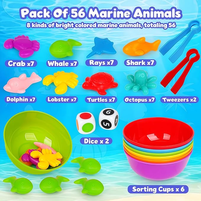 Sorting Colors Sea Animals Counting Toys with Matching Sorting Cups and Game Dices, Color Classification and Sensory Training Preschool Educational Learning Toys for Toddlers Kids Girls Boys Ages 3+