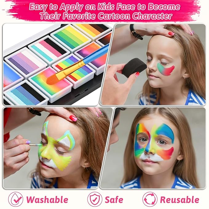 72PCS Face Painting Stencils Kit for Kids & Adults - Reusable Face Paint Templates with 10 Brushes, Makeup Sponge, Glitter Gems & Tattoo Stickers for Halloween, Christmas, Festival Party