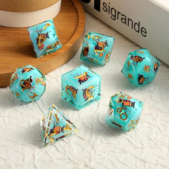 DNDND Owl Aqua Blue Translucent Resin Dice Set - 7-Piece Sharp Edge RPG Dice for D&D with Stickers, Handcrafted Premium Metal Case Gift